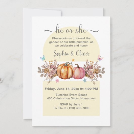 水彩カボチャ性別が彼または彼女を明らかにする 招待状 (正面)