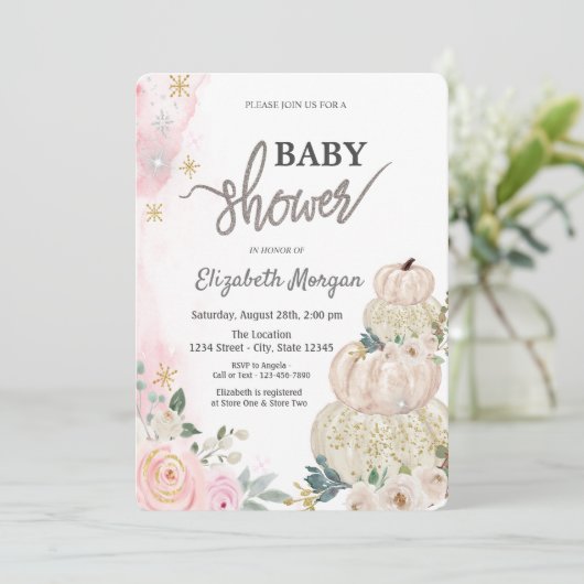 水彩カボチャ花水玉模様赤ちゃんシャワー 招待状 (スタンド正面)