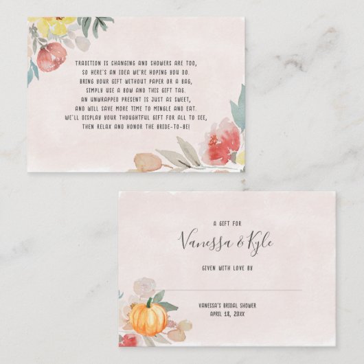 水彩カボチャ表示ブライダルシャワー エンクロージャーカード (正面/裏面)
