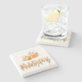 水彩カボチャ&オレンジハッピーサンクスギビング ストーンコースター