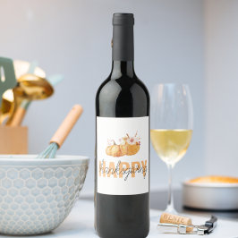 水彩カボチャ&オレンジハッピーサンクスギビング ワインラベル