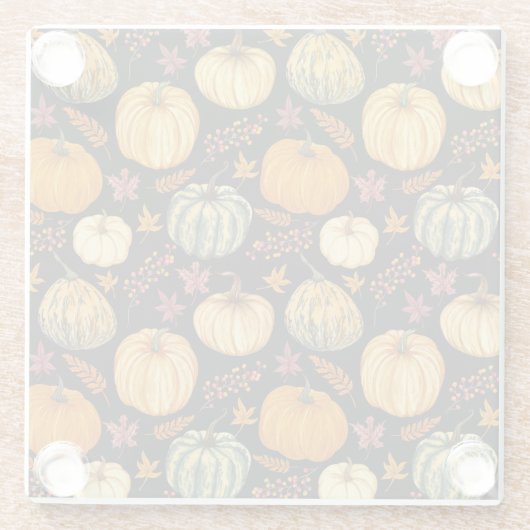 水彩カボチャ:秋のシームレスなパターン。 ガラスコースター (裏面)