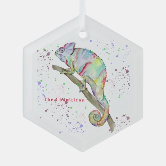 水彩カメレおもしろいオン ガラスオーナメント (正面)