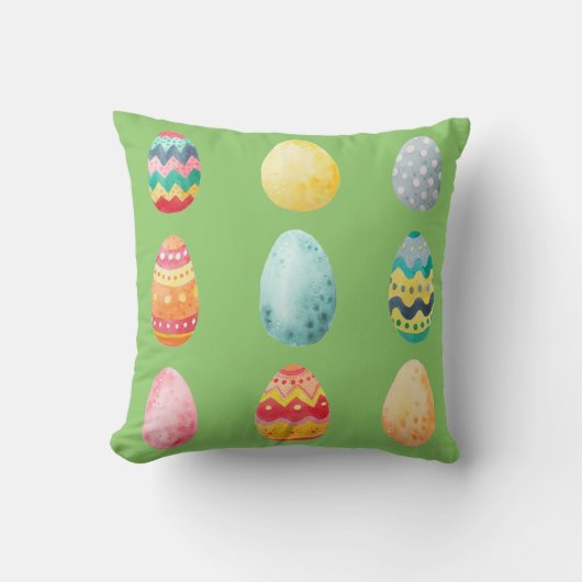 水彩カラフルイースターエッグ数々のグリーンカラー クッション (正面)