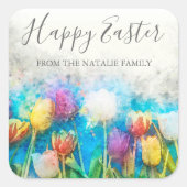 水彩カラフルフローラチューリップハッピーイースター スクエアシール (正面)