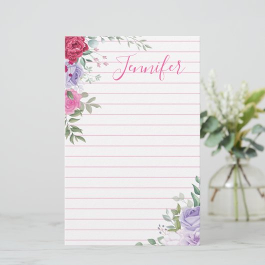 水彩カラフルフローラパーソナライズされた列 便箋 (スタンド正面)