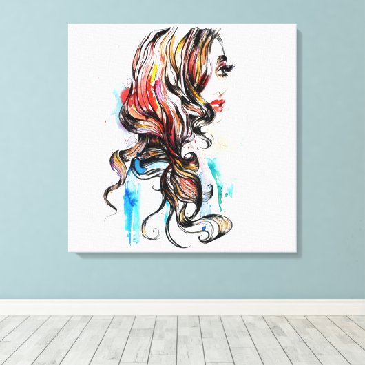 水彩カラフルヘアスタイリングの波型ヘアメイクアップ キャンバスプリント (インサイチュ (ウッドフロア))