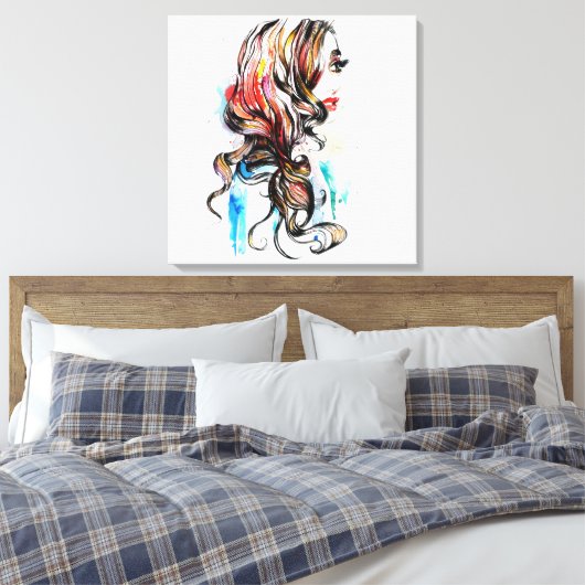 水彩カラフルヘアスタイリングの波型ヘアメイクアップ キャンバスプリント (インサイチュ (寝室))