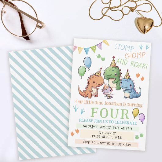 水彩カラフル恐竜の男の子の誕生日パーティー 招待状