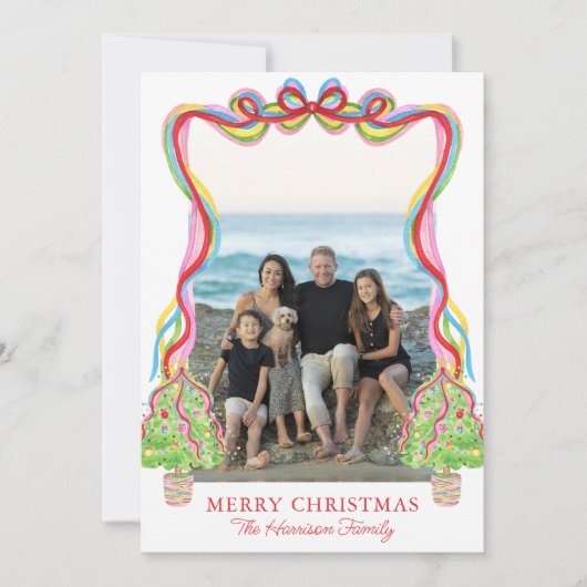 水彩カラフル紙吹雪クリスマスツリーズ写真 シーズンカード (正面)