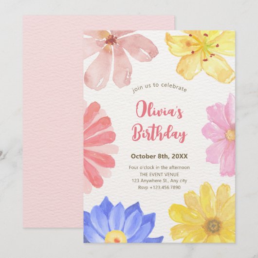 水彩カラフル花 招待状 (正面/裏面)