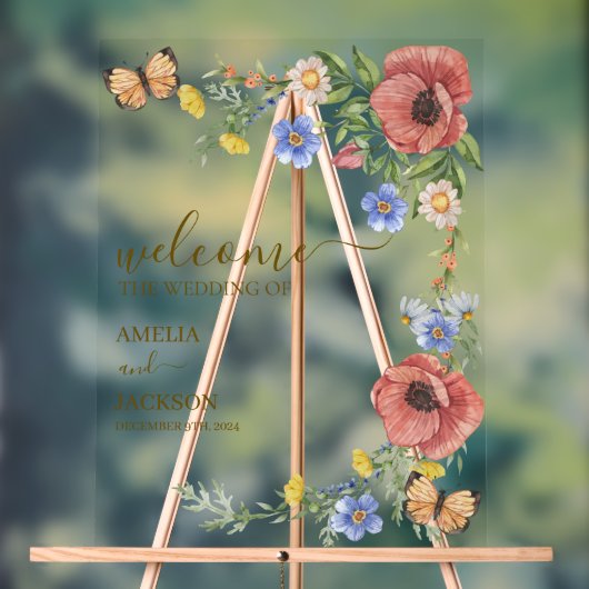 水彩カラフル野花結婚の歓迎 アクリルサイン (ニュートラル)