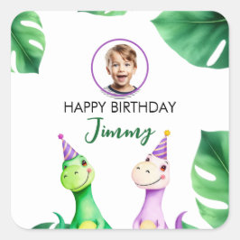 水彩カラフルTrexキッズフォト誕生日 スクエアシール