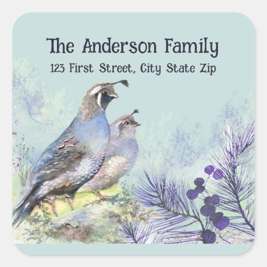 水彩カリフォルニアウイルワイルドライフバード自然 スクエアシール (正面)