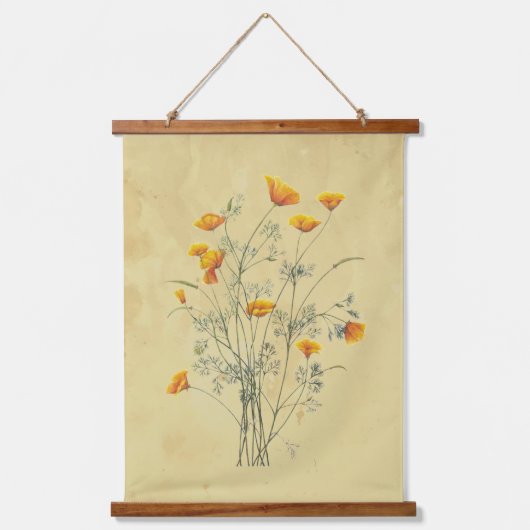 水彩カリフォルニアポピーフラワーフローラアート 吊り下げ型タペストリー (正面)