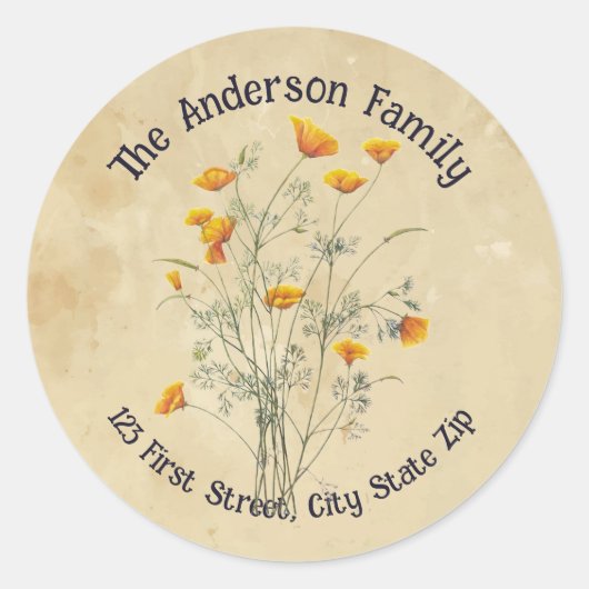 水彩カリフォルニアポピー野草園アート ラウンドシール (正面)