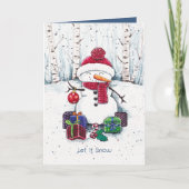 水彩カードにギフトを入れた雪だるま カード (正面)