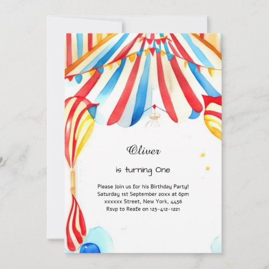 水彩カーニバルサーカス1st誕生日招待状 招待状 (正面)