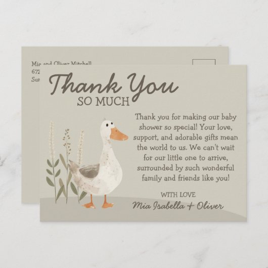 水彩ガチョウ赤ちゃんシャワーありがとうはがき ポストカード (正面/裏面)