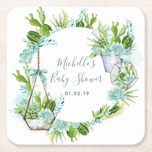 水彩ガラスのテラリウム多肉乳児シャワー スクエアペーパーコースター (正面)