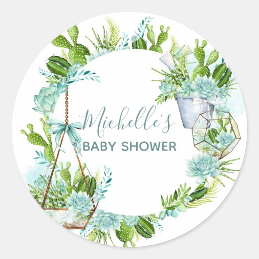 水彩ガラスのテラリウム多肉乳児シャワー ラウンドシール (正面)