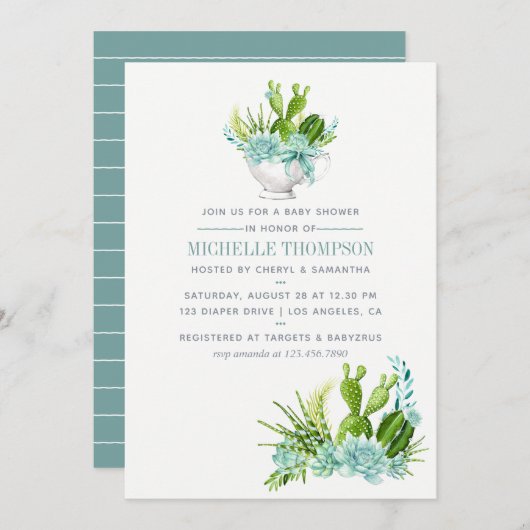水彩ガラスのテラリウム多肉乳児シャワー 招待状 (正面/裏面)