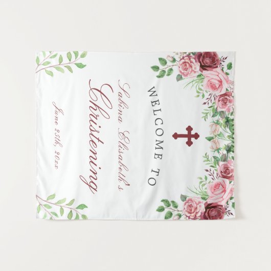 水彩ガーデンのバラの洗礼歓迎看板 タペストリー (正面(横))