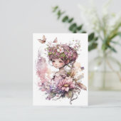 水彩ガーデンガール – ピンクの花 ポストカード (スタンド正面)