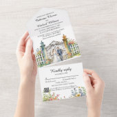 水彩ガーデンゲートワイルドフラワー結婚ズのQRコード オールインワン招待状 (貼ってはがせる)