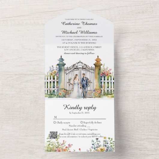 水彩ガーデンゲートワイルドフラワー結婚ズのQRコード オールインワン招待状 (内側)