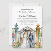 水彩ガーデンゲートワイルドフラワー結婚ズのQRコード 招待状 (正面)