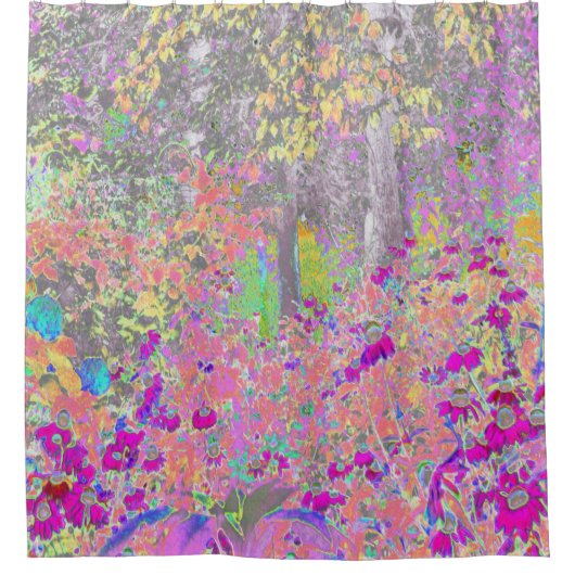 水彩ガーデンサンライズ（紫色の花を使用） シャワーカーテン (正面)