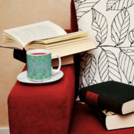 水彩ガーデンピンクのライトティール（緑がかった色）パターン コーヒーマグカップ