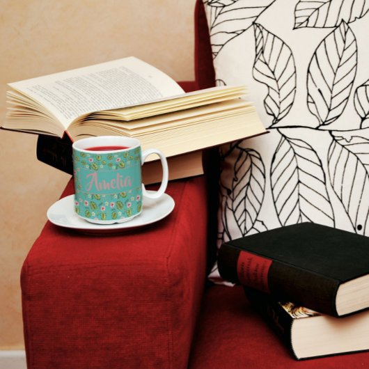 水彩ガーデンピンクのライトティール(緑がかった色)パターン コーヒーマグカップ