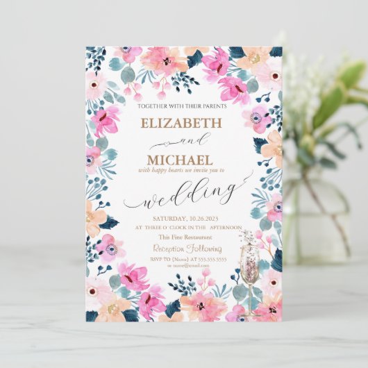 水彩ガーデンピンクの花 招待状 (スタンド正面)