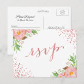 水彩ガーデンピンクフローラ紙吹雪RSVP返信 インビテーションポストカード (正面/裏面)
