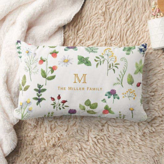 水彩ガーデンファミリーモノグラムパーソナライズされた ランバークッション (ブランケット)