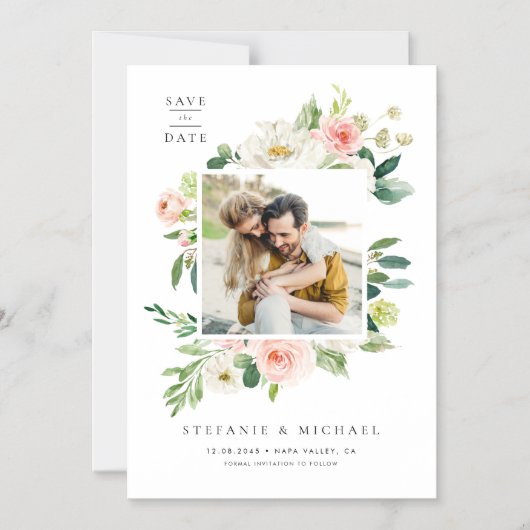 水彩ガーデンフラワーフォトセーブ・ザ・デート マグネット招待状 (正面)