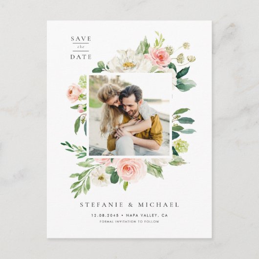 水彩ガーデンフラワーフォトセーブ・ザ・デート 案内ポストカード (正面)