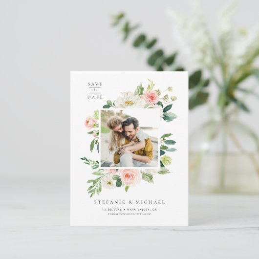 水彩ガーデンフラワーフォトセーブ・ザ・デート 案内ポストカード (スタンド正面)