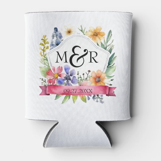 水彩ガーデンワイルドフラワーズモノグラム 缶クーラー (正面)