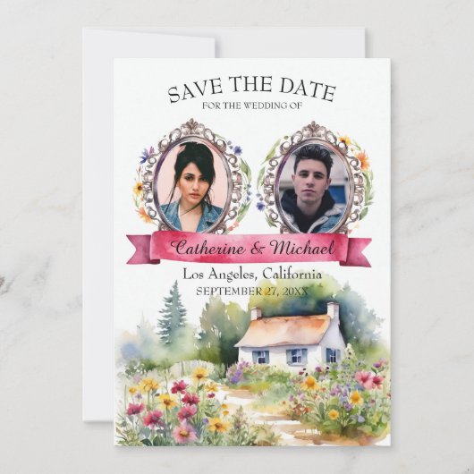 水彩ガーデンワイルドフラワー春の結婚式写真 セーブザデート (正面)