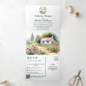 水彩ガーデンワイルドフラワー春の結婚式QRCode 三つ折り招待状 (内部)