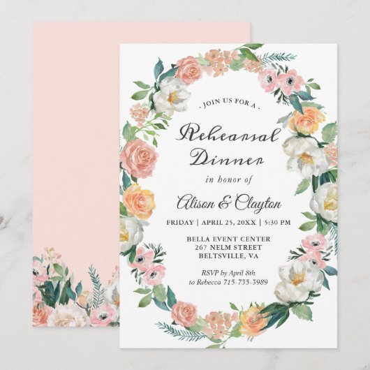 水彩ガーデン フローラル リース リハーサル ディナー 招待状 (正面/裏面)