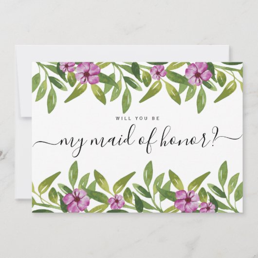 水彩ガーランドが私のメイド・オブ・オーナー(花嫁付き添い人) 招待状 (正面)