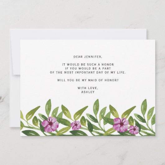 水彩ガーランドが私のメイド・オブ・オーナー(花嫁付き添い人) 招待状 (裏面)