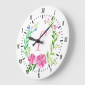 水彩ガーリーフラワーリース&イニシャルレター ラージ壁時計 (傾斜)