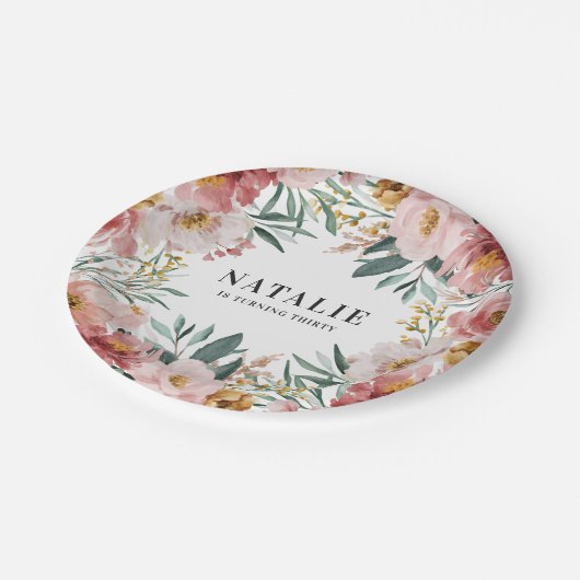 水彩ガーリーフローラ誕生日ピンクのシック ペーパープレート (アングル)