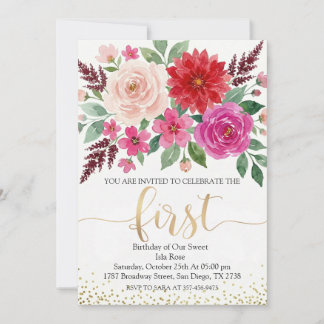 水彩ガールの誕生日花束 ゴールドグリッター 招待状