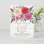 水彩ガールの誕生日花束 ゴールドグリッター 招待状 (スタンド正面)